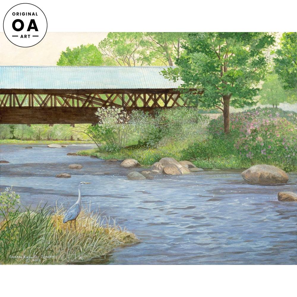 Light Blue Rowell Bridge—Great Blue Heron Original Acrylic Painting - Wild Wings