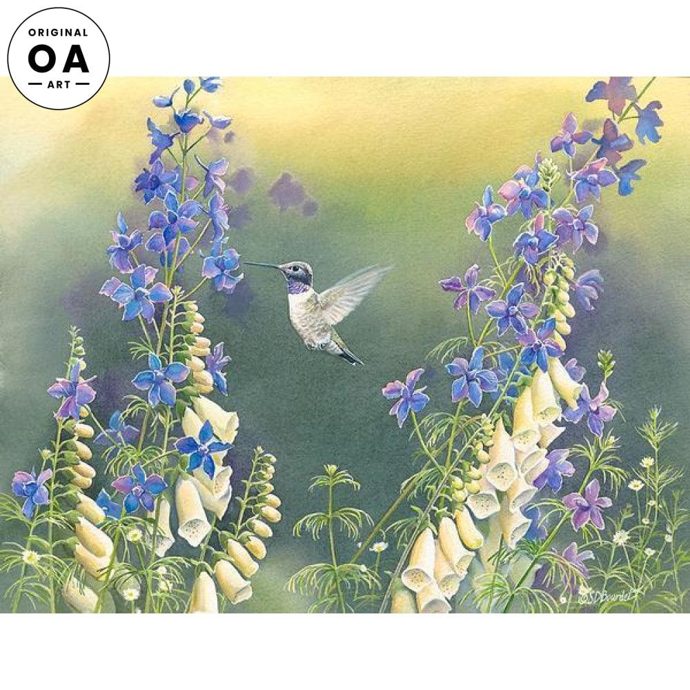 Black Chinned Hummingbird & Flowers Original Watercolor Painting - Wild Wings