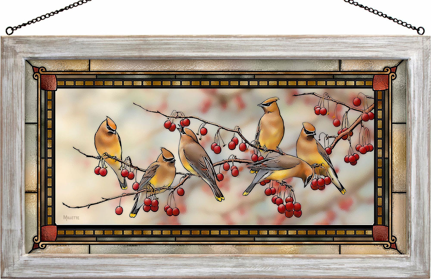 Crabapple Bandits - Cedar Waxwings Stained Glass Art - Wild Wings