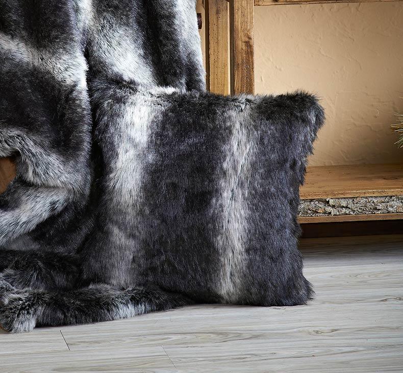 Black Wolf Faux Fur Pillow - Wild Wings