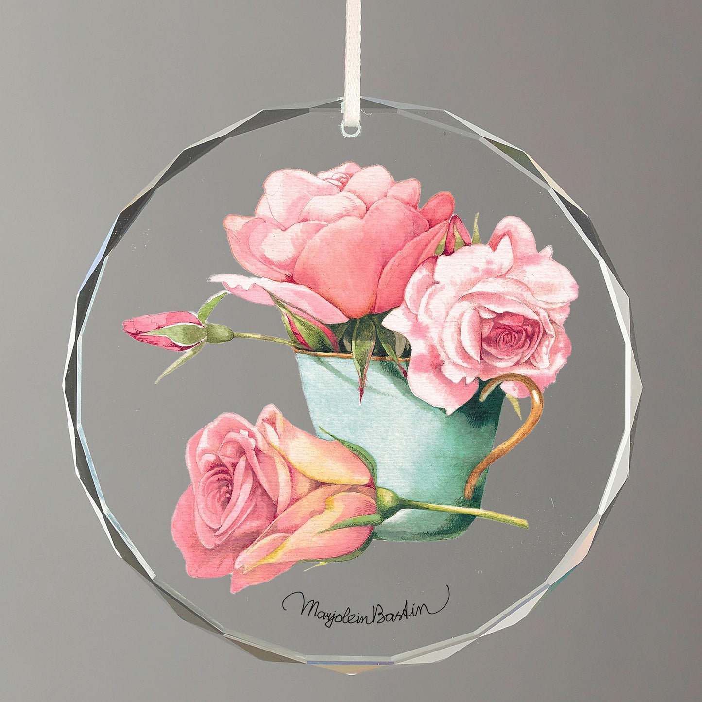 Pink Roses in Tea Cup Round Glass Ornament - Wild Wings