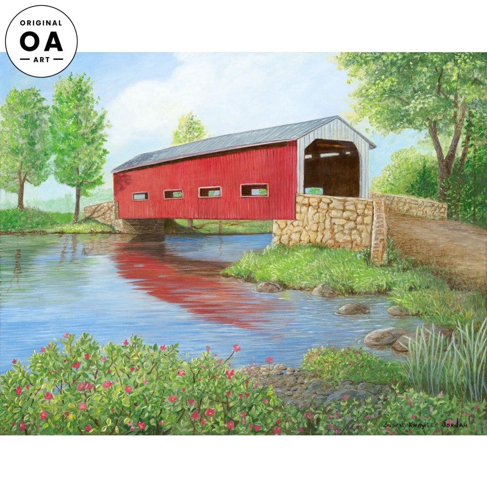 Rugosa Rose Covered Bridge Original Acrylic Painting - Wild Wings