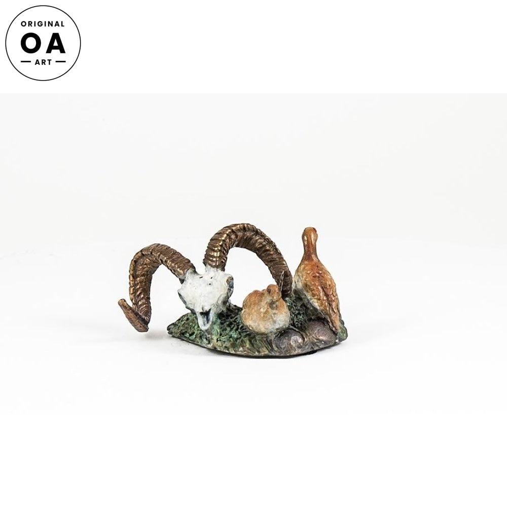 Sheep Skull & Ptarmigan Original Bronze Sculpture - Wild Wings