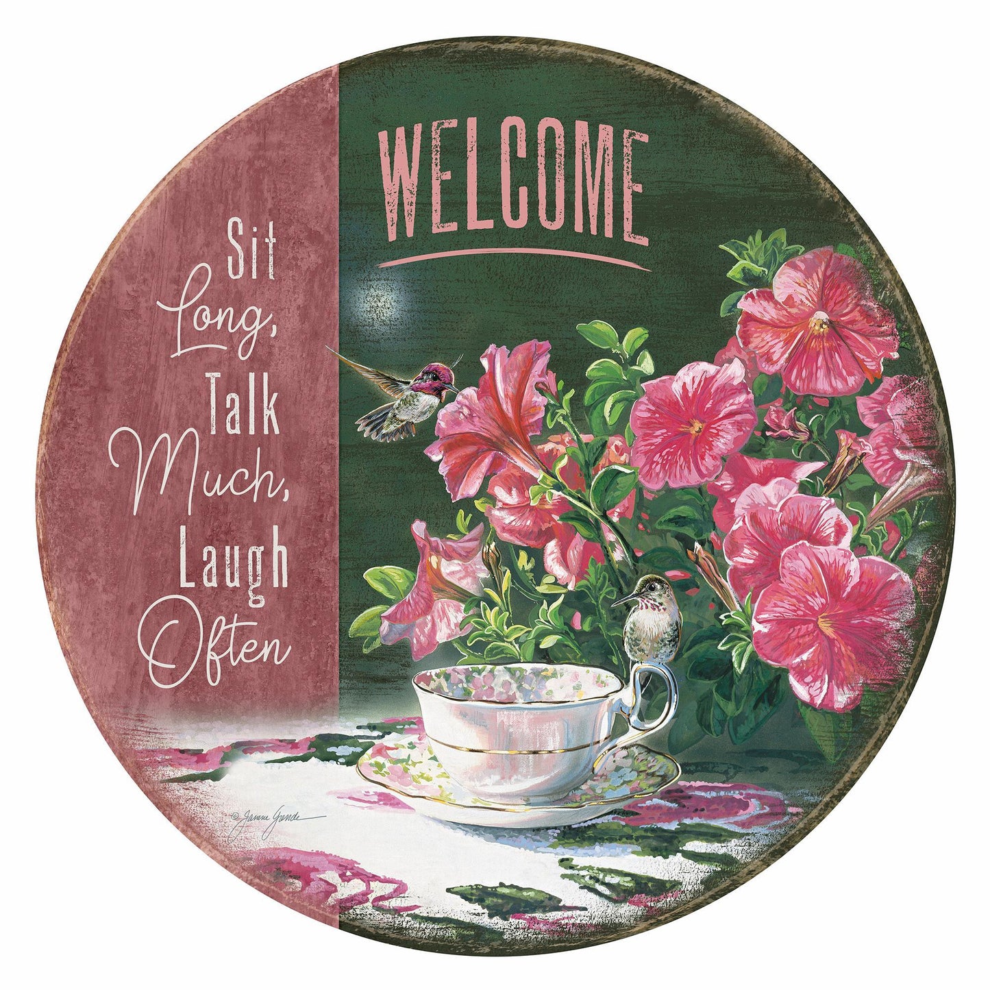 Sit, Talk, Laugh 21" Round Wood Sign - Wild Wings