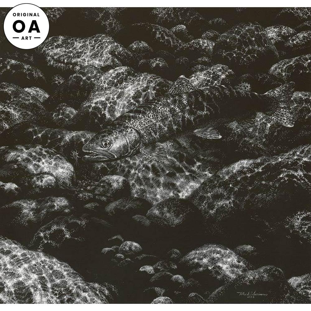 Rainbow Trout Taking a Nympth Original Scratchboard Art - Wild Wings