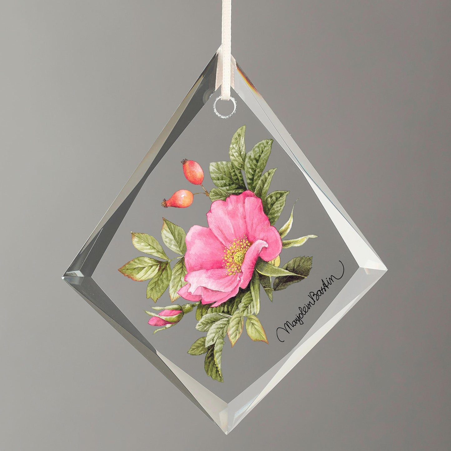 Pink Roses Tear Drop Glass Ornament - Wild Wings