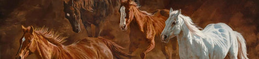 Running horses in motion painted in a warm, earthy western style, showcasing a mix of chestnut and white horses against a rugged, textured background.