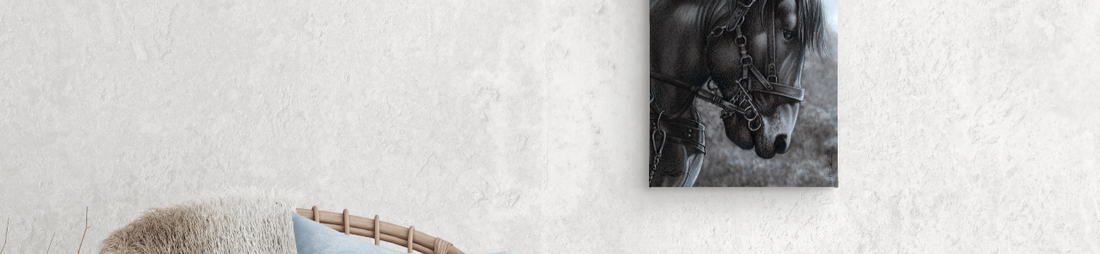 View of a black and white western art on a white interior wall