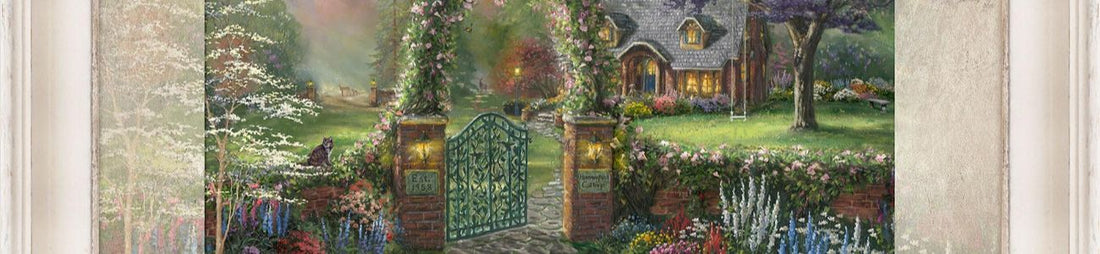 Cute summer cabin with flowers and arched gate.