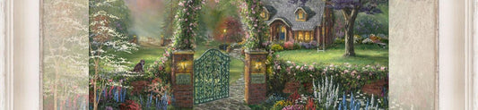Cute summer cabin with flowers and arched gate.
