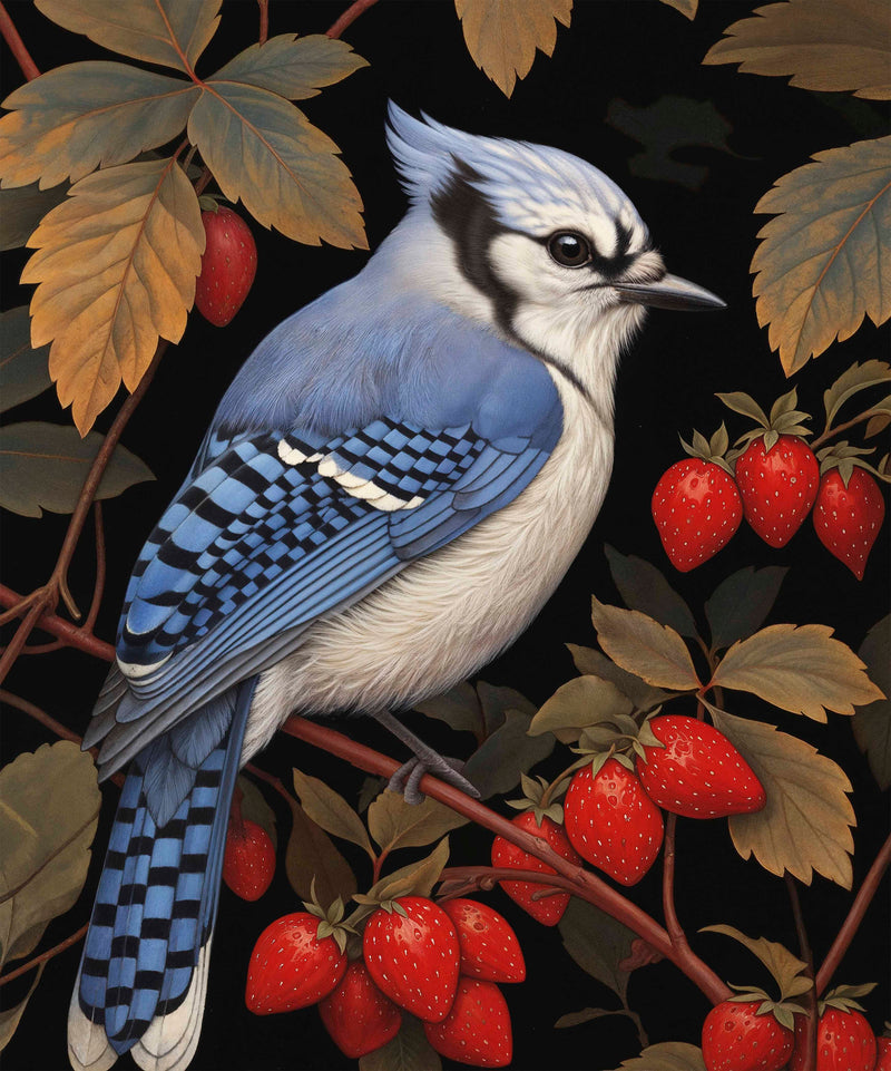 Berry Bliss - Blue Jay in Strawberry Patch