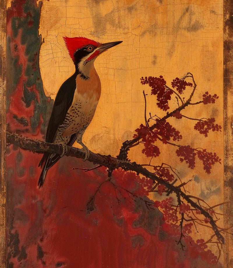 Echoes of Silk - Woodpecker in Autumn Splendor