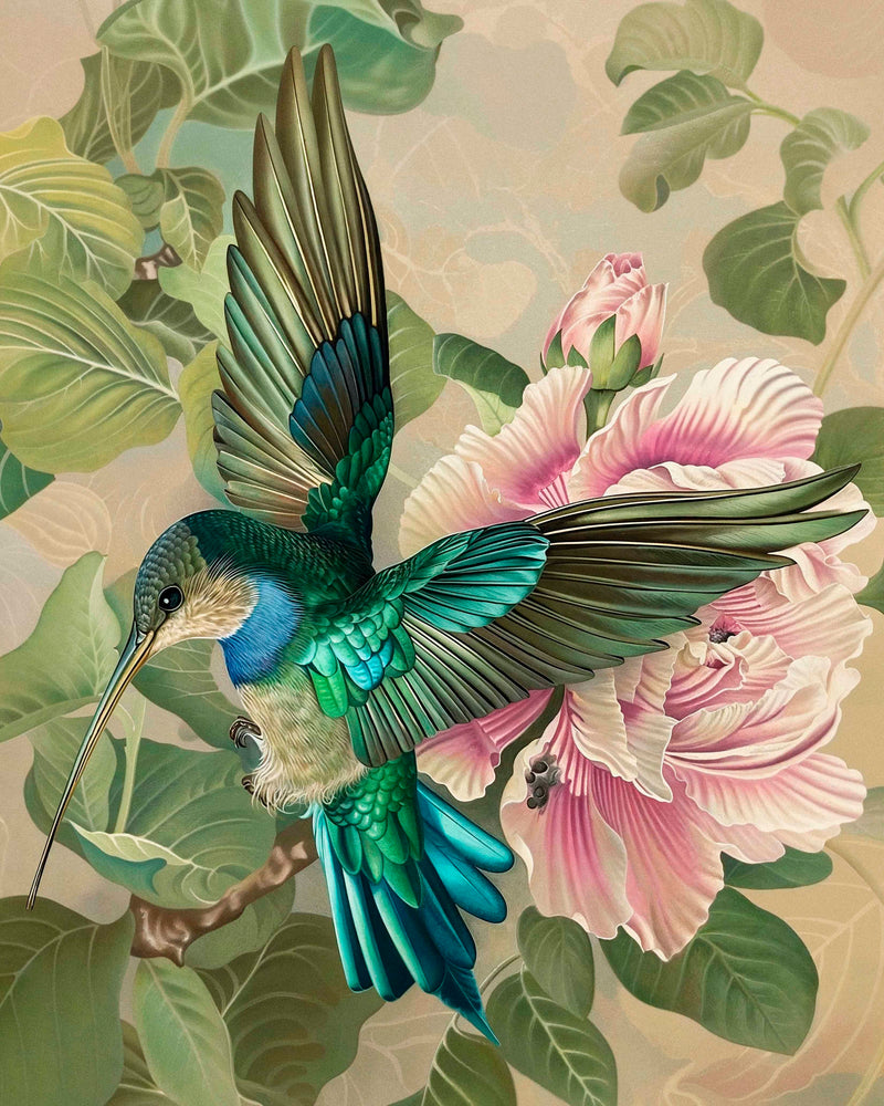 Emerald Flight - Hummingbird Among Hibiscus