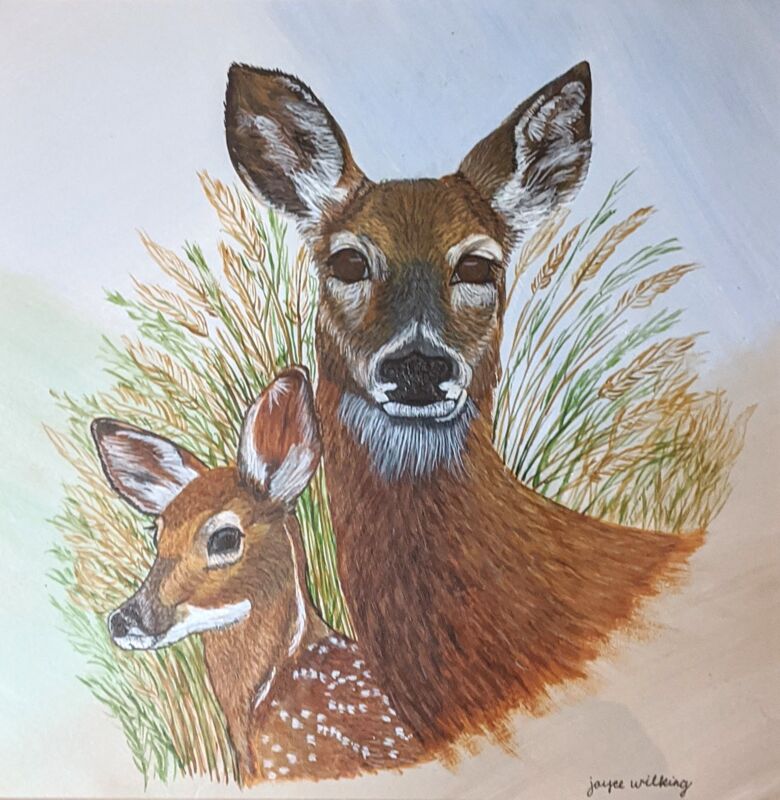 Deer Doe & Fawn in Faded Circle by Joyce Wilking