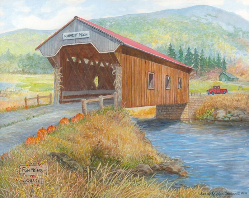 Harvest Moon Covered Bridge—Pumpkins by Susan Knowles-Jordan