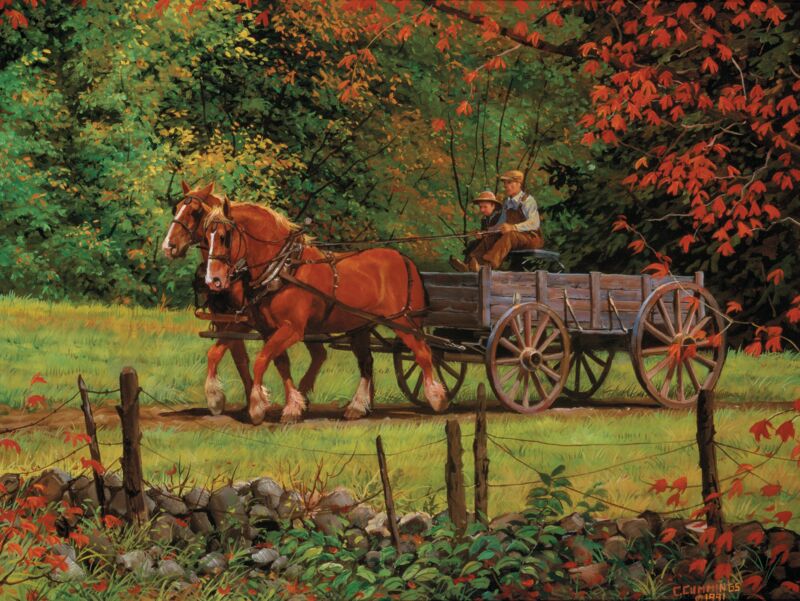 Red Leaves-Horse Drawn Wagon
