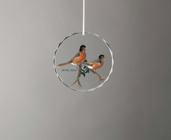 Apple Blossom Time Robins - Round Glass Ornament
