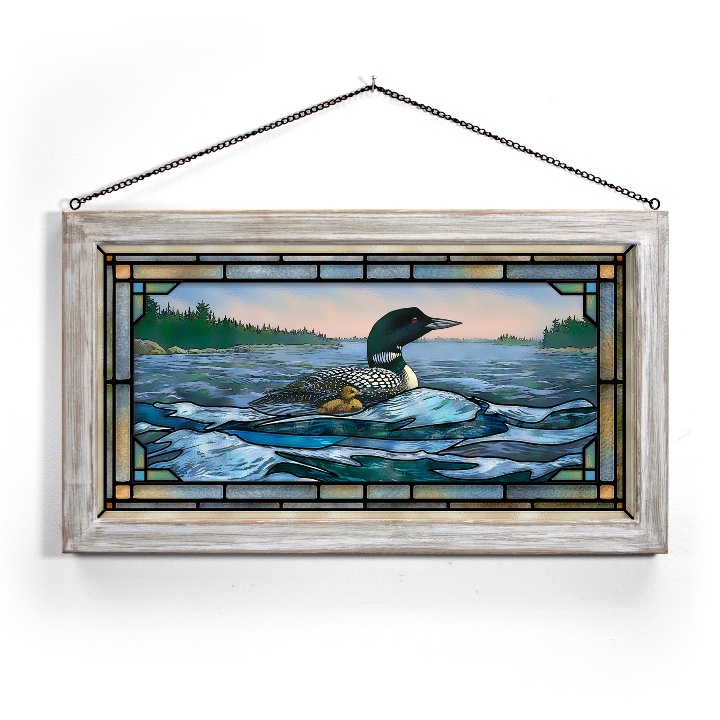 Rough Water - Loon - 13" x 23" Stained Glass Art