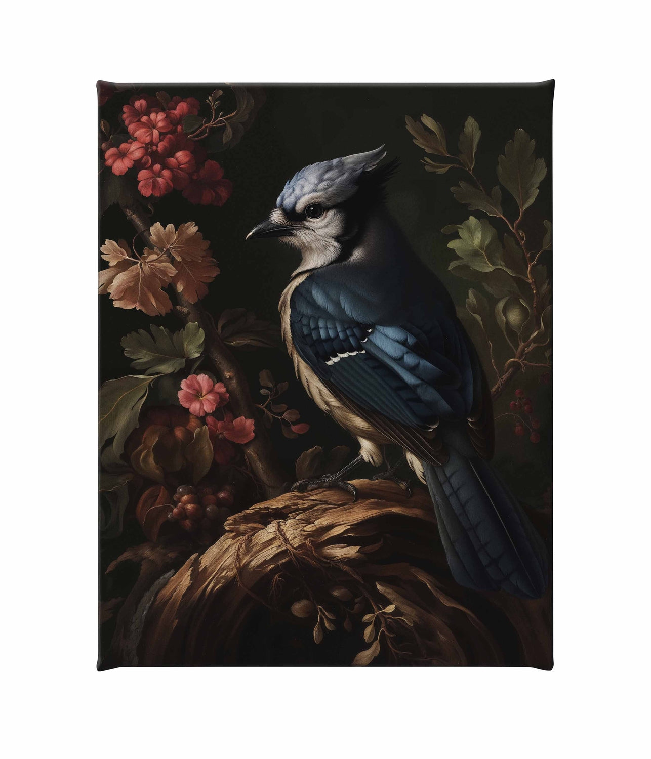 Elegance in Bloom - Blue Jay Amongst Flora - Gallery Wrapped Canvas