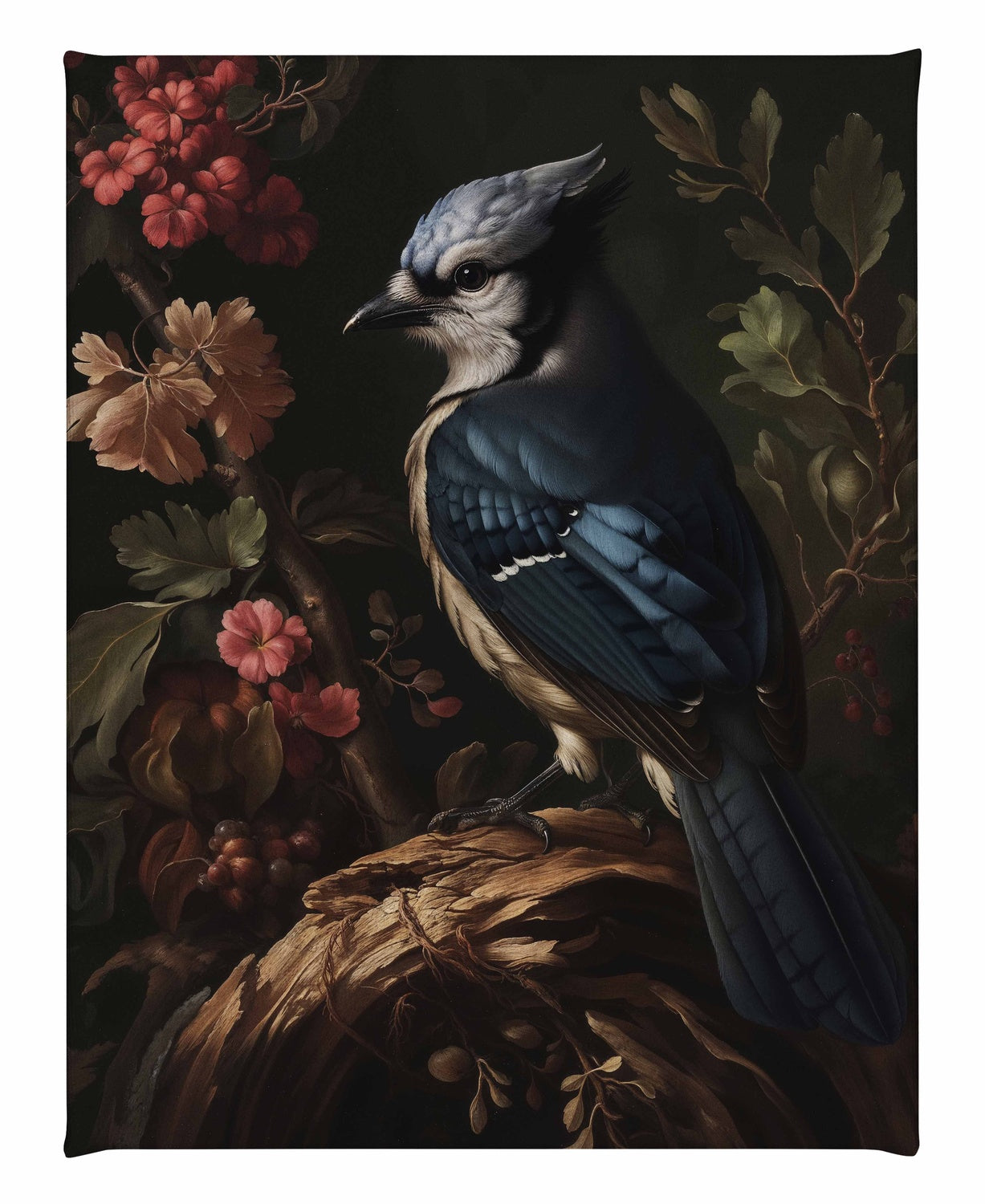 Elegance in Bloom - Blue Jay Amongst Flora - Gallery Wrapped Canvas