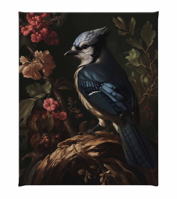 Elegance in Bloom - Blue Jay Amongst Flora - Gallery Wrapped Canvas