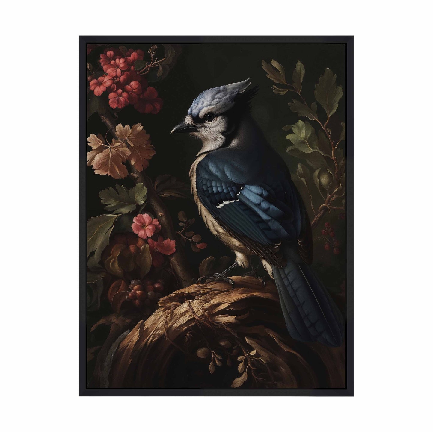 Elegance in Bloom - Blue Jay Amongst Flora - Gallery Wrapped Canvas