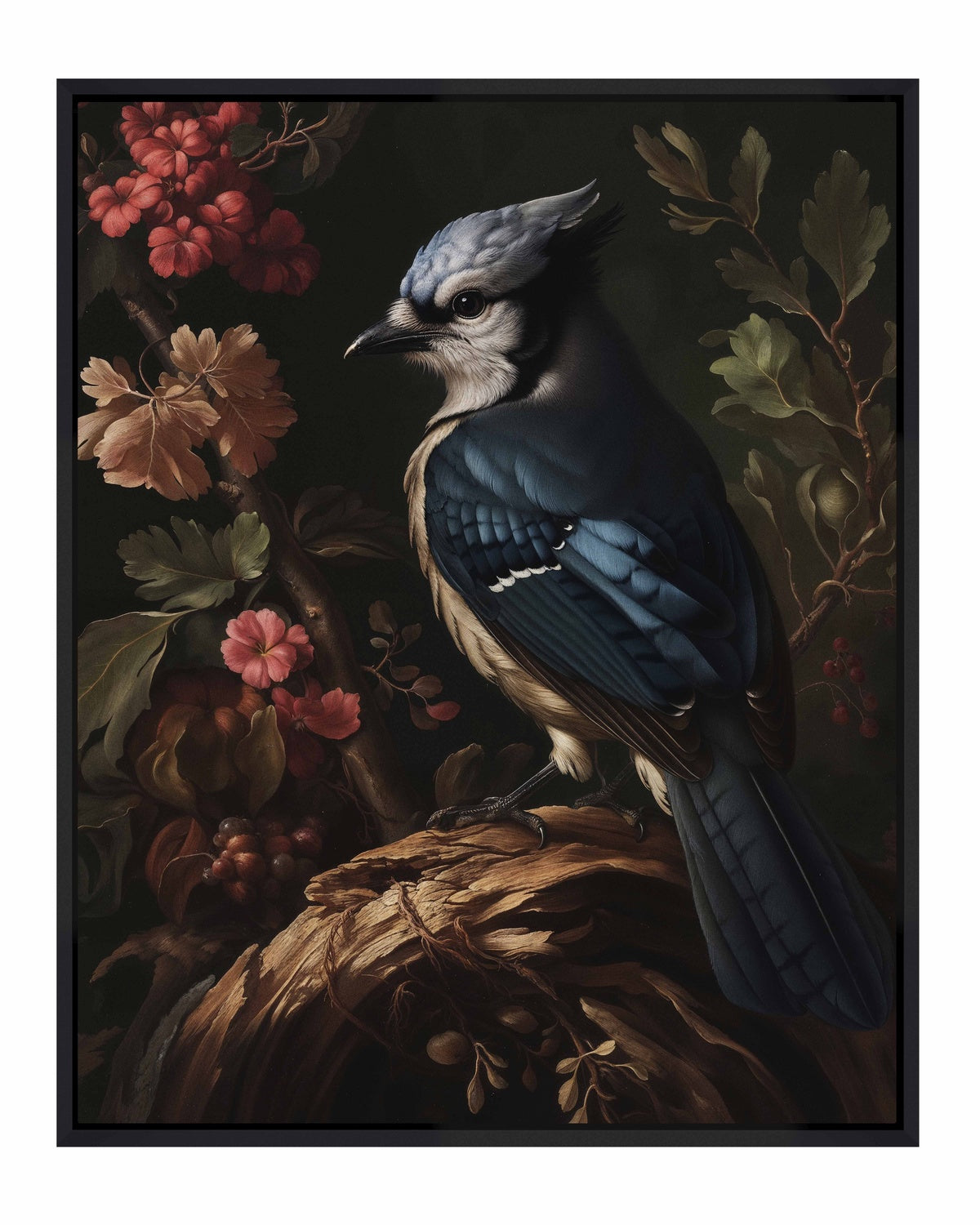 Elegance in Bloom - Blue Jay Amongst Flora - Gallery Wrapped Canvas