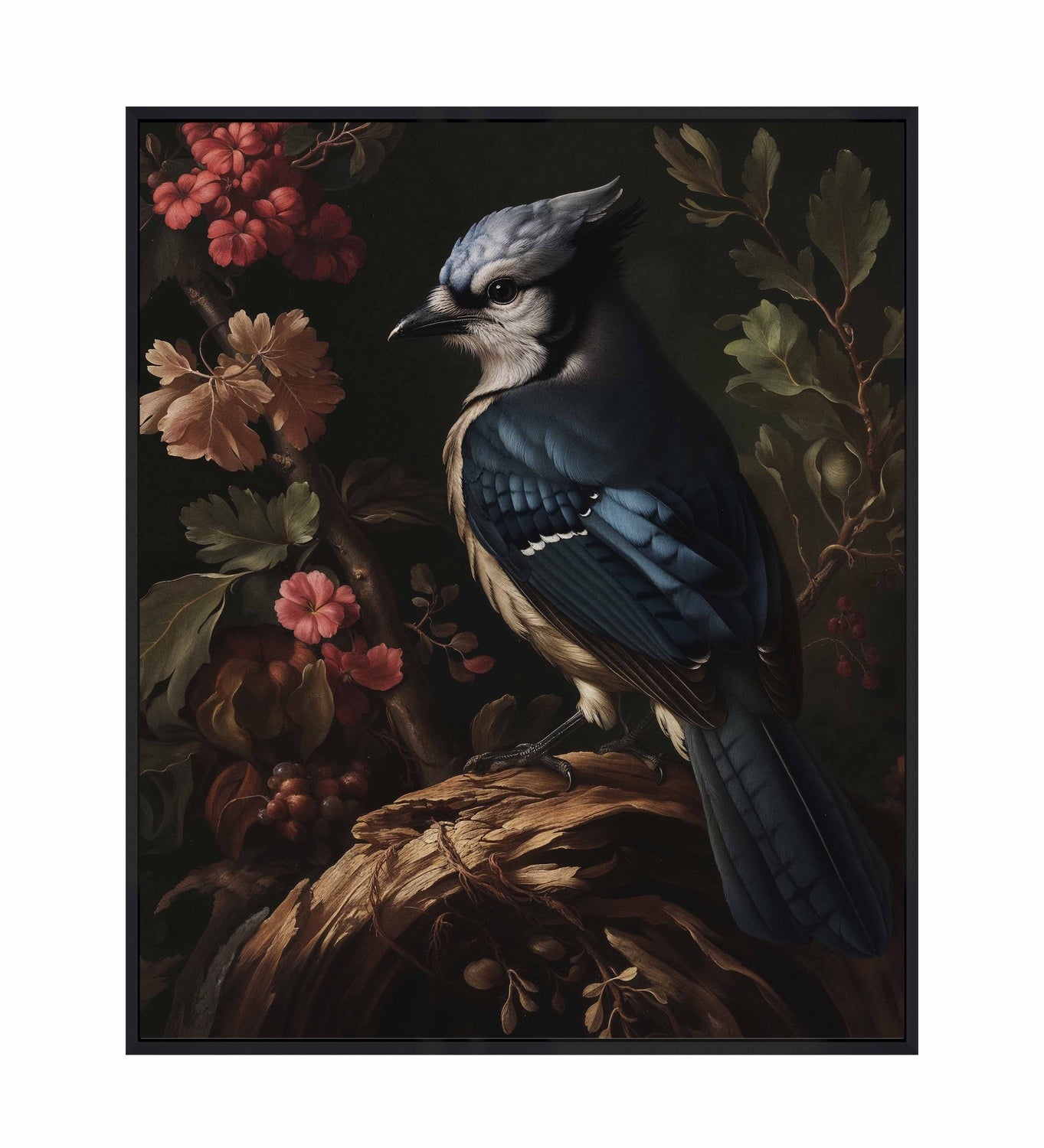 Elegance in Bloom - Blue Jay Amongst Flora - Gallery Wrapped Canvas