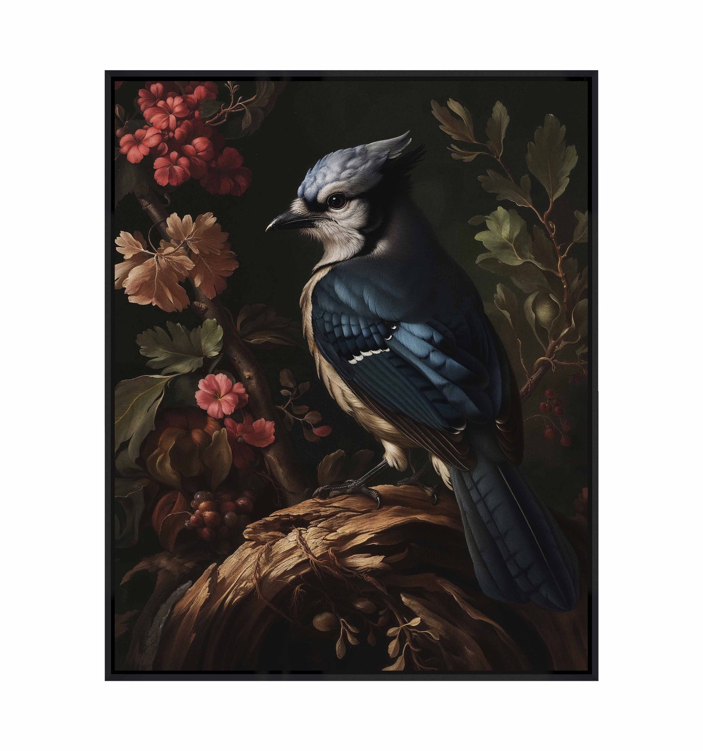 Elegance in Bloom - Blue Jay Amongst Flora - Gallery Wrapped Canvas