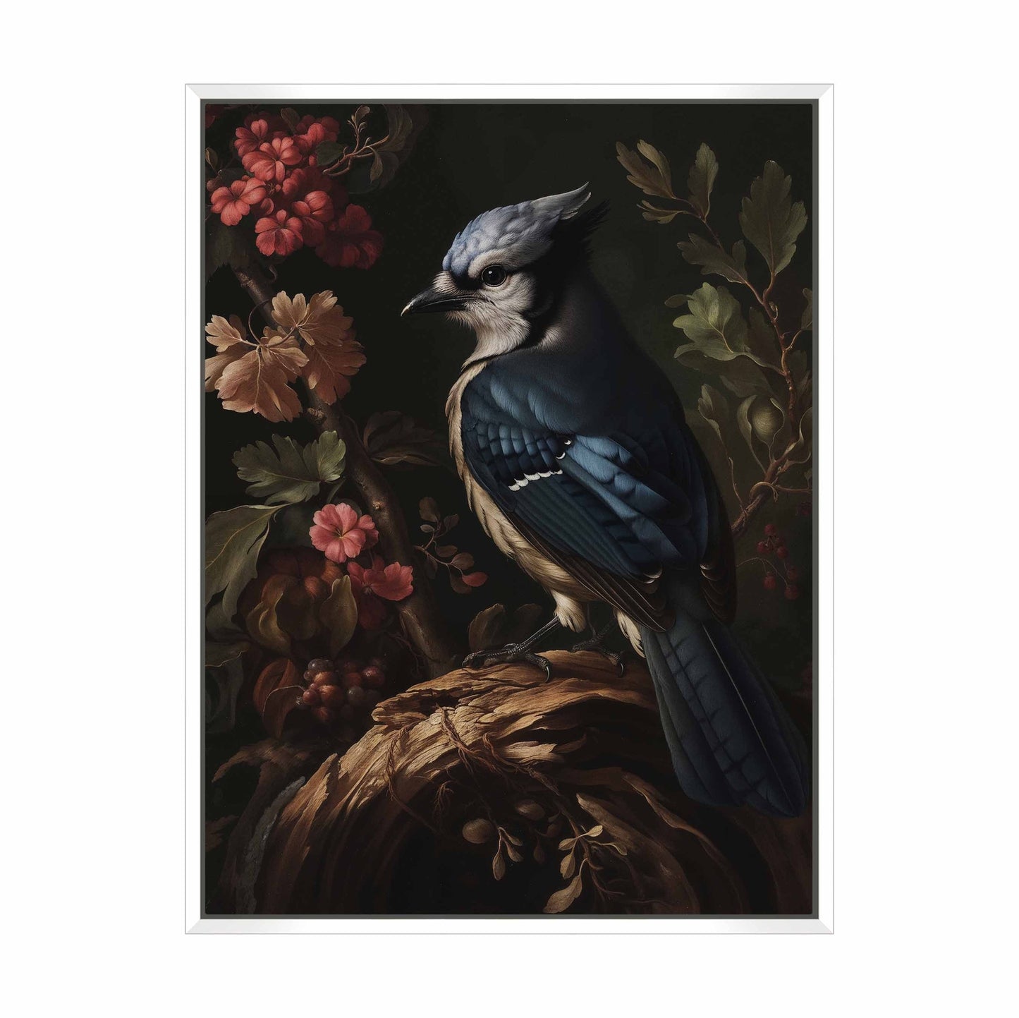 Elegance in Bloom - Blue Jay Amongst Flora - Gallery Wrapped Canvas