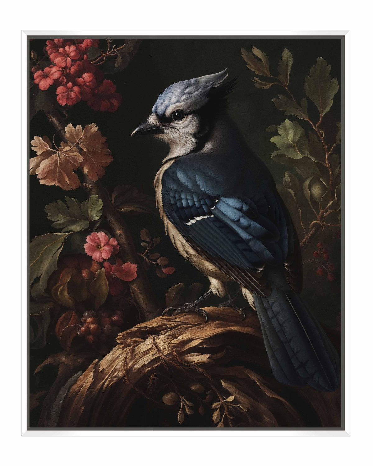 Elegance in Bloom - Blue Jay Amongst Flora - Gallery Wrapped Canvas