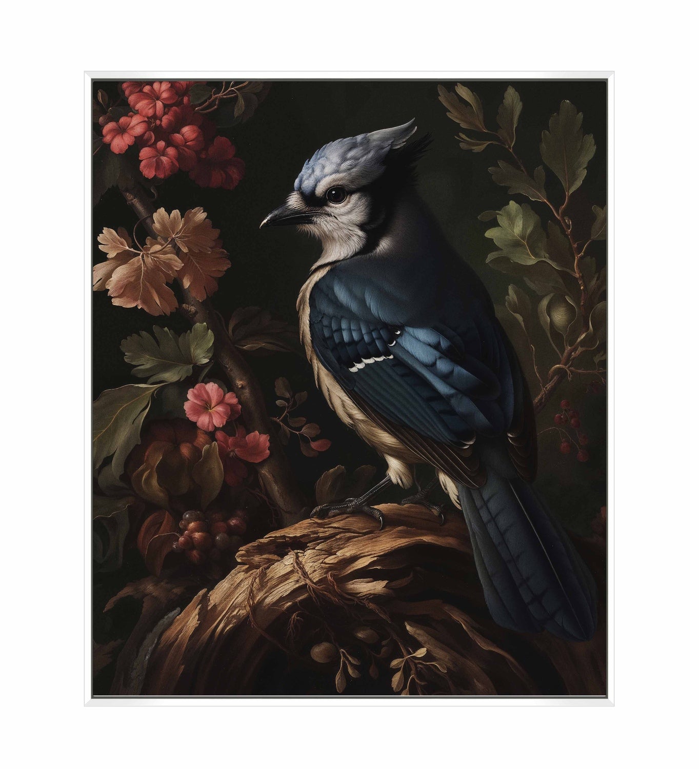 Elegance in Bloom - Blue Jay Amongst Flora - Gallery Wrapped Canvas