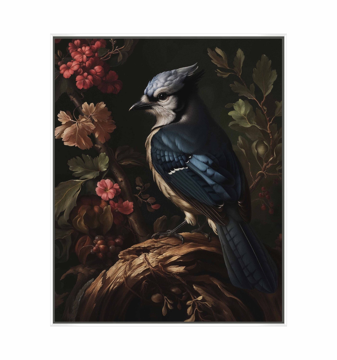 Elegance in Bloom - Blue Jay Amongst Flora - Gallery Wrapped Canvas
