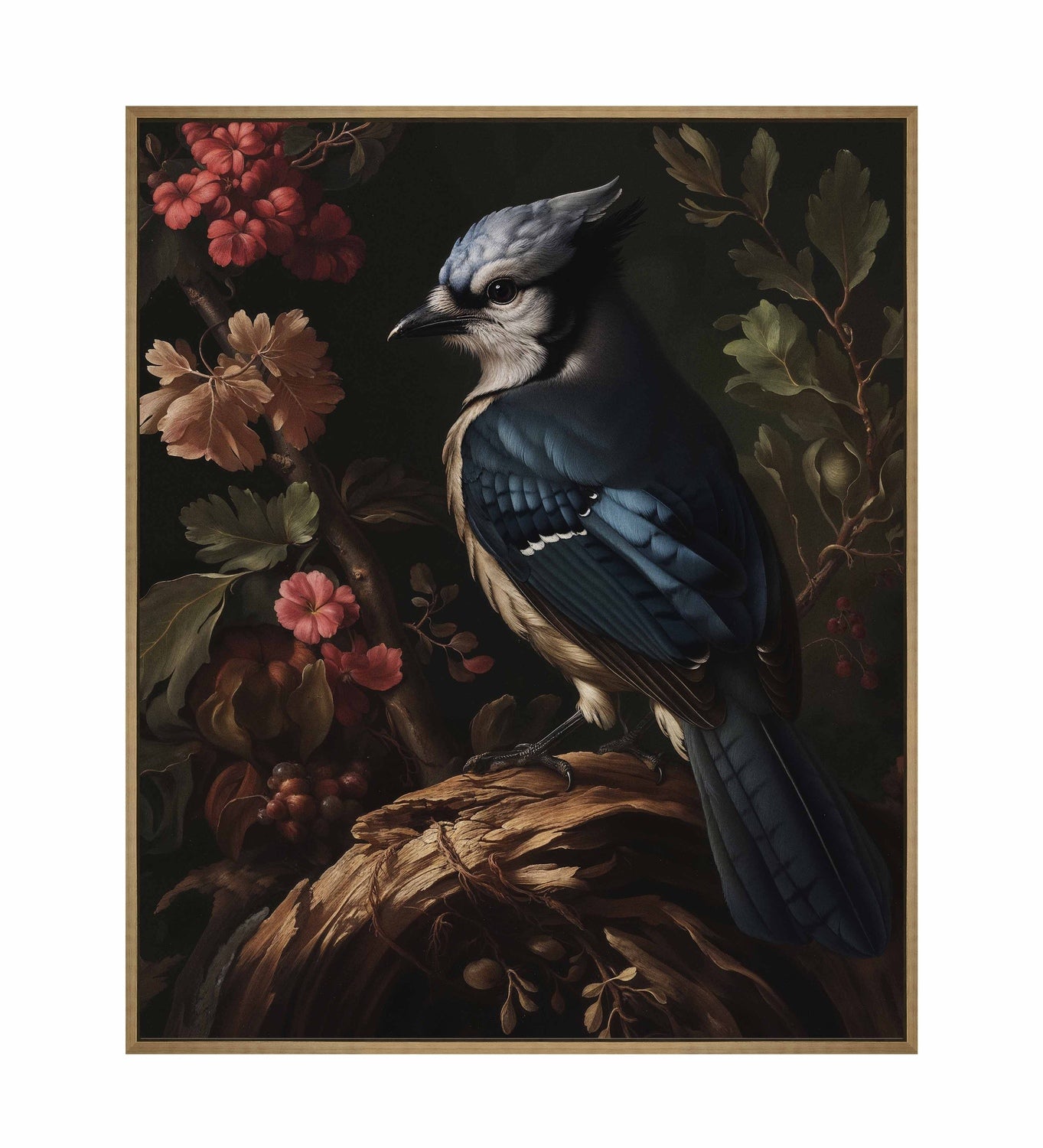 Elegance in Bloom - Blue Jay Amongst Flora - Gallery Wrapped Canvas