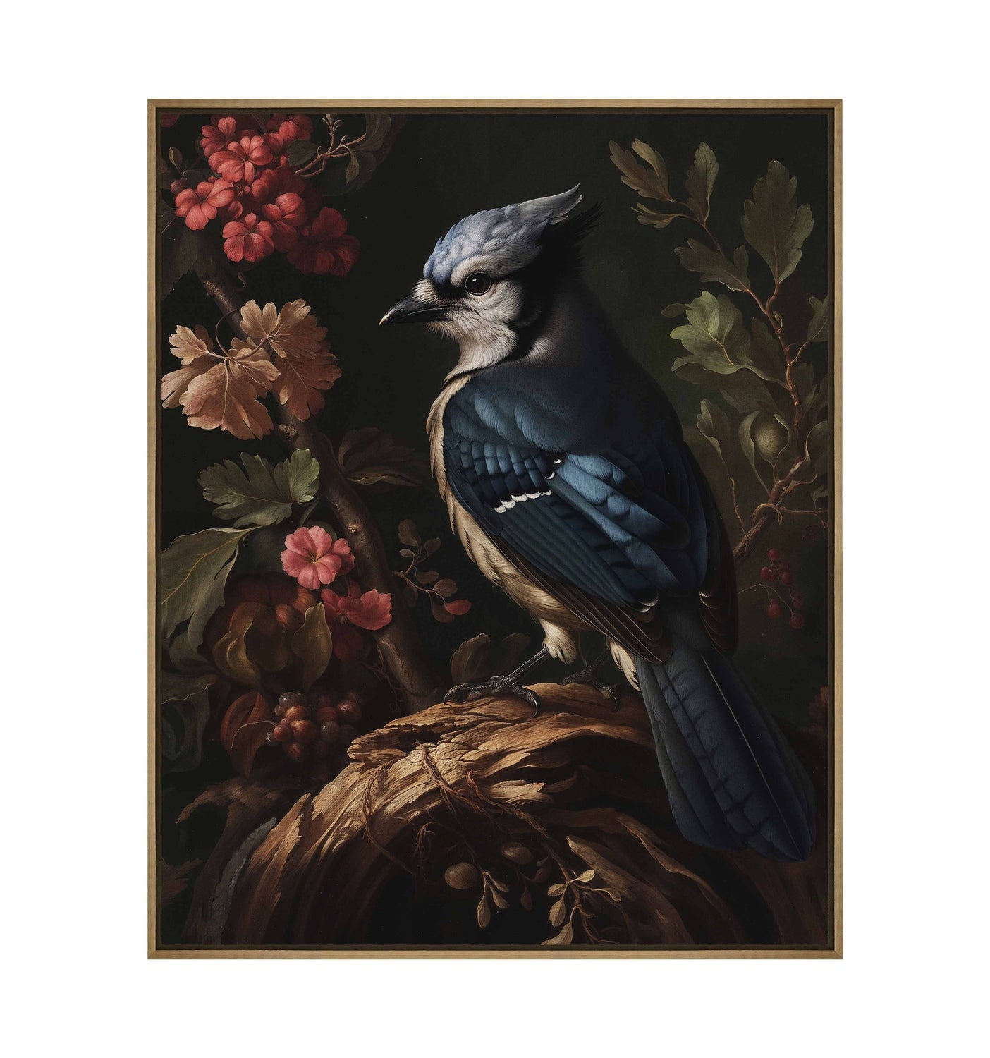 Elegance in Bloom - Blue Jay Amongst Flora - Gallery Wrapped Canvas