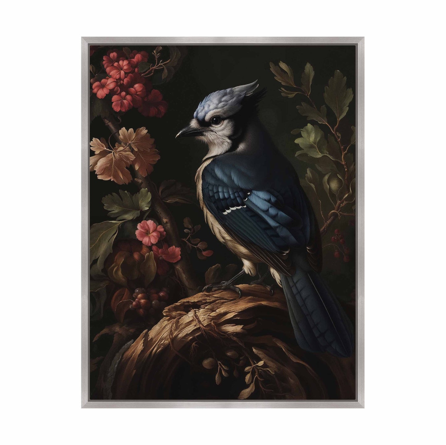 Elegance in Bloom - Blue Jay Amongst Flora - Gallery Wrapped Canvas