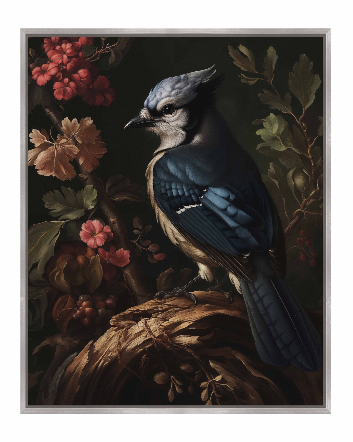 Elegance in Bloom - Blue Jay Amongst Flora - Gallery Wrapped Canvas