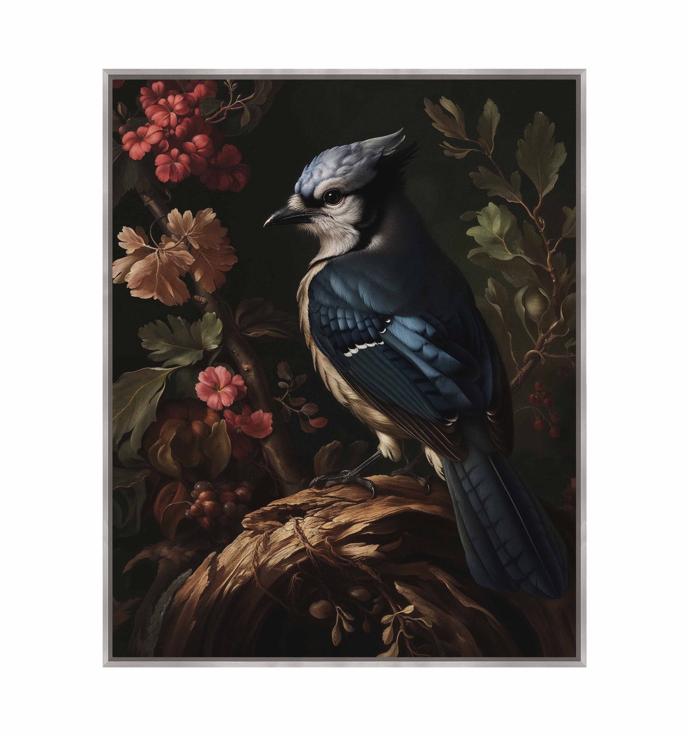Elegance in Bloom - Blue Jay Amongst Flora - Gallery Wrapped Canvas
