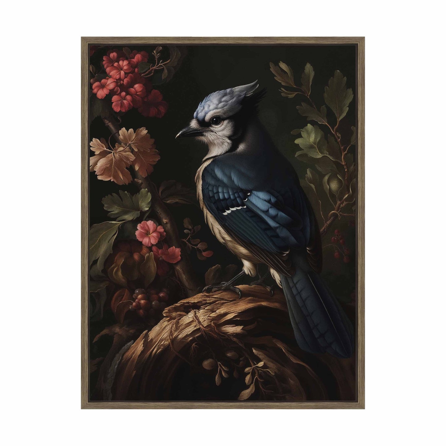 Elegance in Bloom - Blue Jay Amongst Flora - Gallery Wrapped Canvas