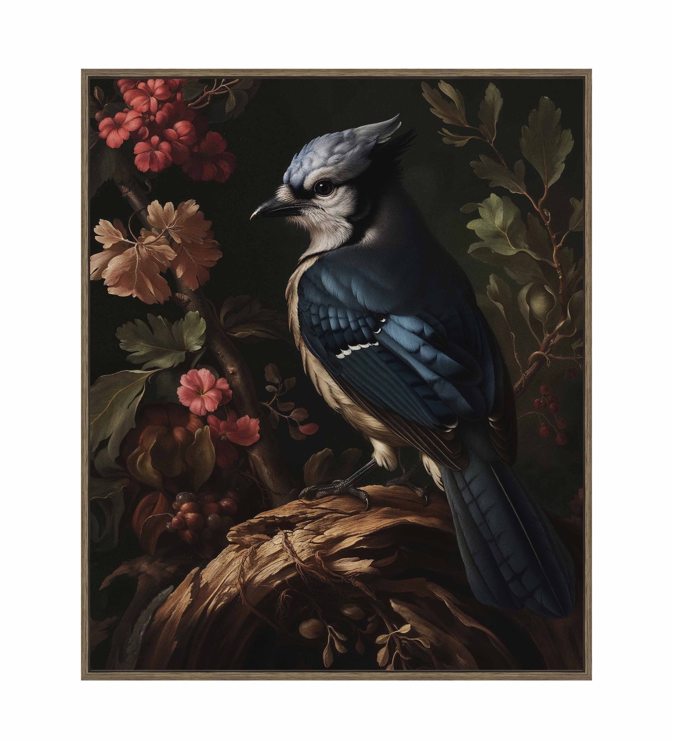 Elegance in Bloom - Blue Jay Amongst Flora - Gallery Wrapped Canvas