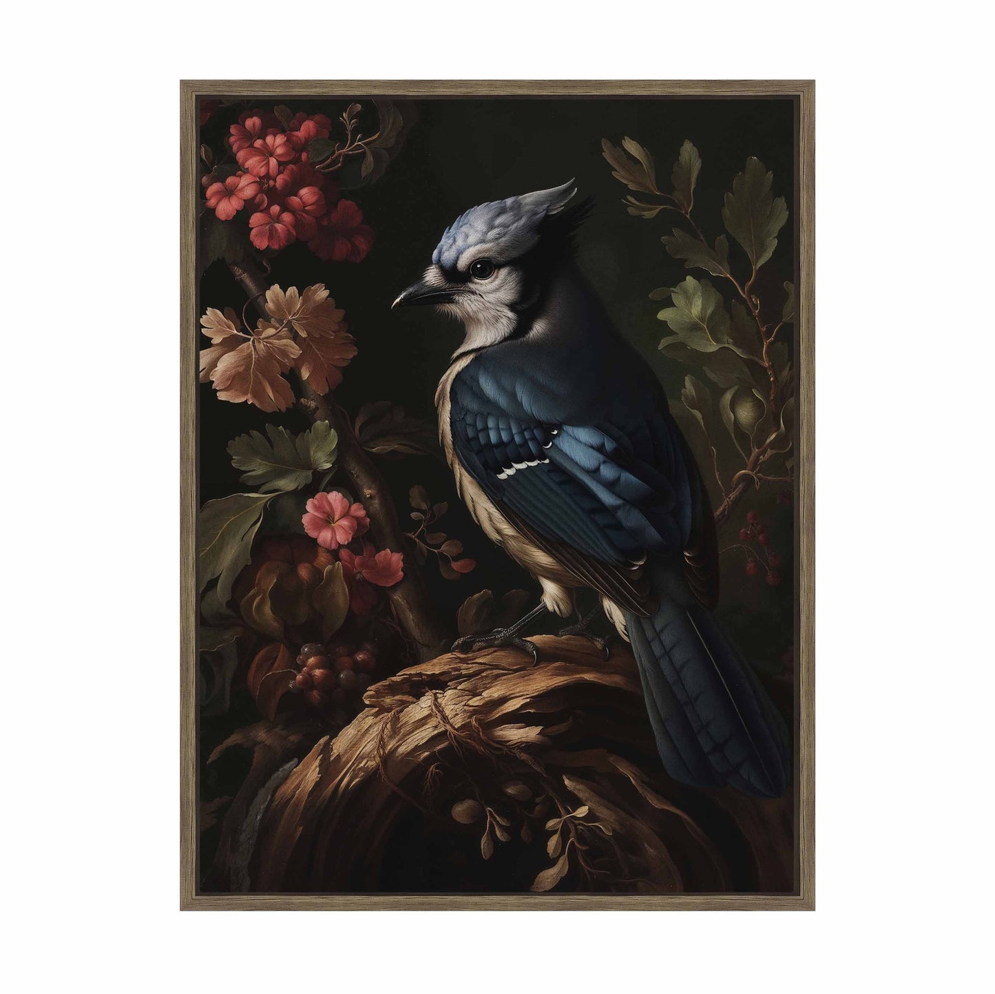 Elegance in Bloom - Blue Jay Amongst Flora - Gallery Wrapped Canvas