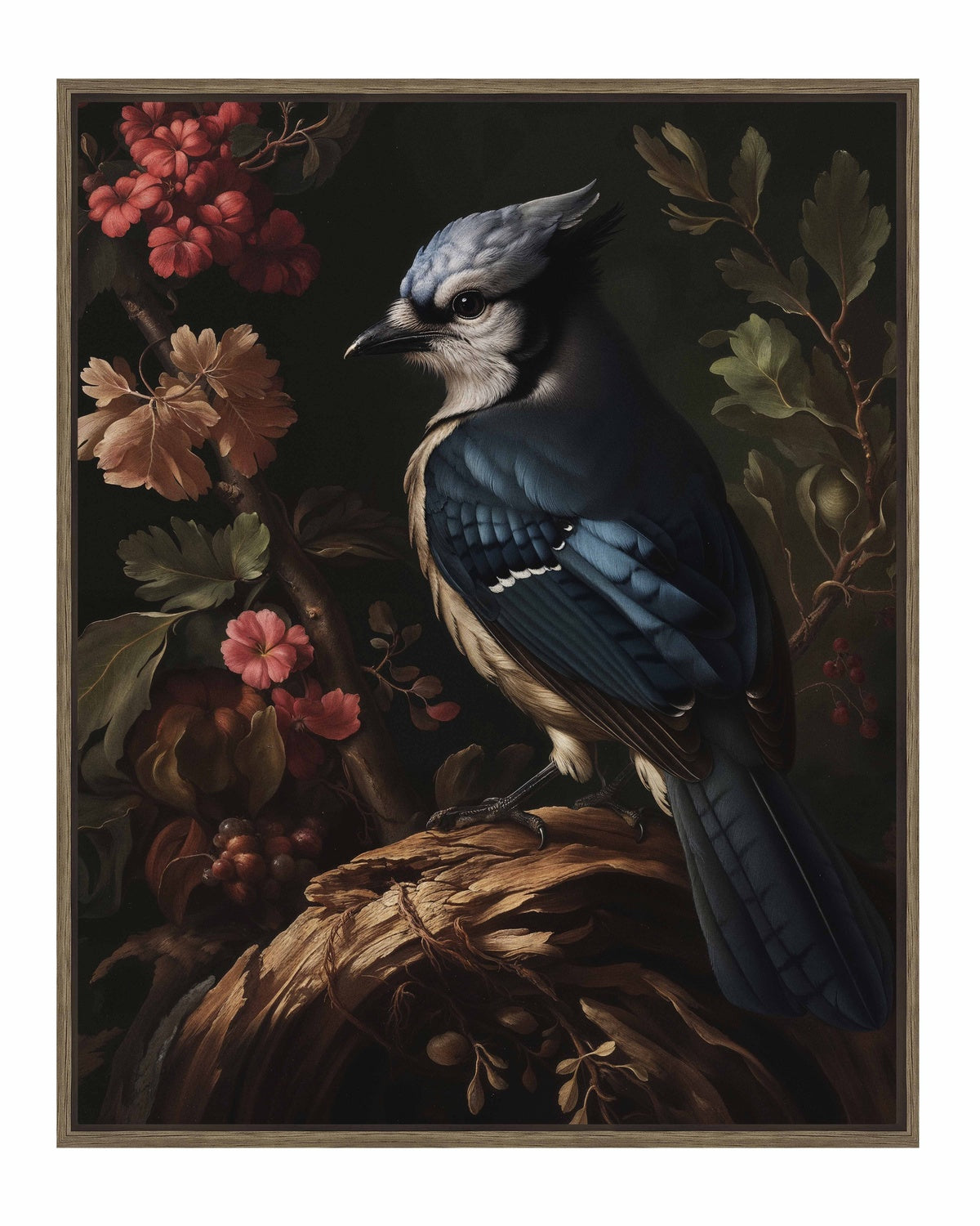 Elegance in Bloom - Blue Jay Amongst Flora - Gallery Wrapped Canvas