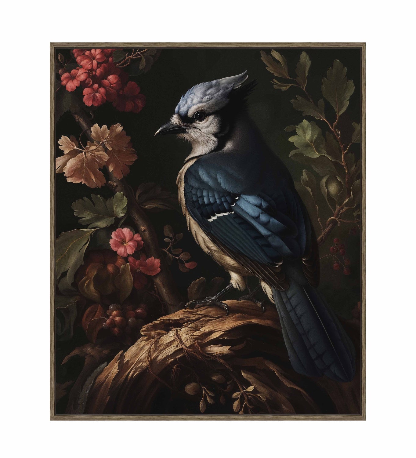 Elegance in Bloom - Blue Jay Amongst Flora - Gallery Wrapped Canvas