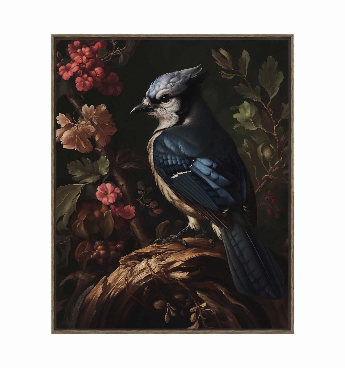 Elegance in Bloom - Blue Jay Amongst Flora - Gallery Wrapped Canvas