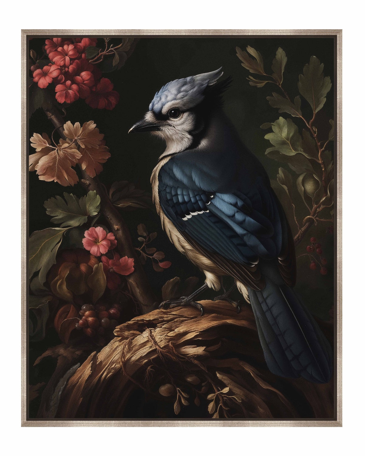 Elegance in Bloom - Blue Jay Amongst Flora - Gallery Wrapped Canvas