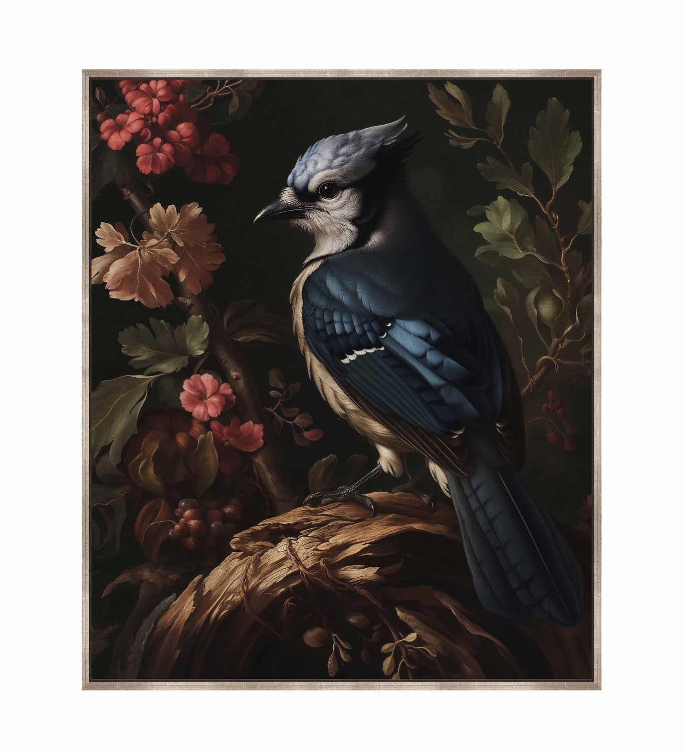 Elegance in Bloom - Blue Jay Amongst Flora - Gallery Wrapped Canvas