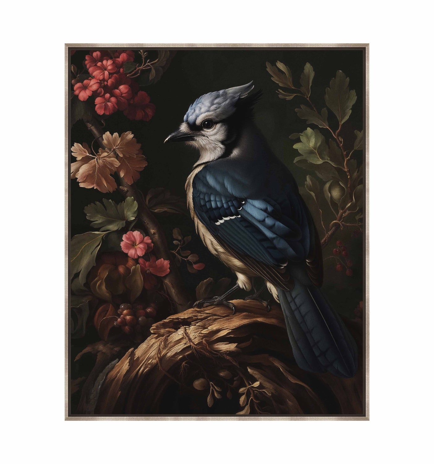 Elegance in Bloom - Blue Jay Amongst Flora - Gallery Wrapped Canvas