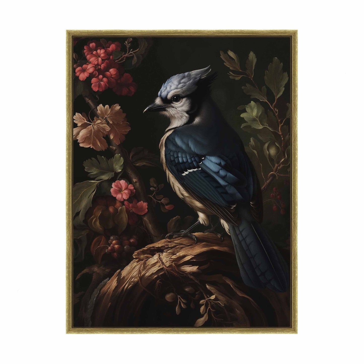 Elegance in Bloom - Blue Jay Amongst Flora - Gallery Wrapped Canvas