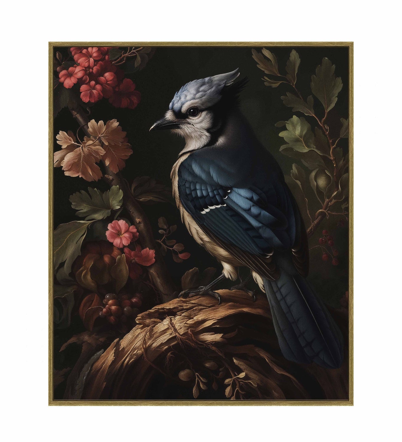 Elegance in Bloom - Blue Jay Amongst Flora - Gallery Wrapped Canvas
