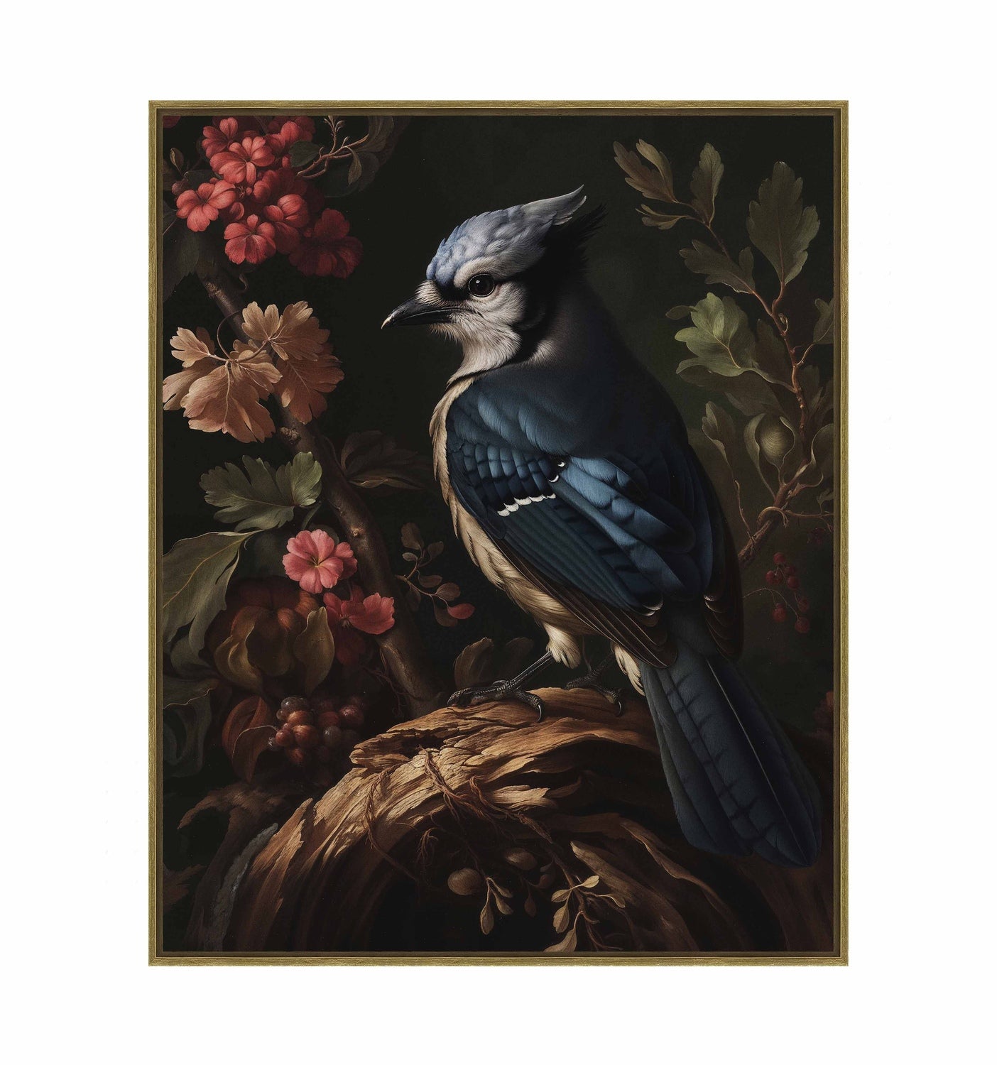 Elegance in Bloom - Blue Jay Amongst Flora - Gallery Wrapped Canvas